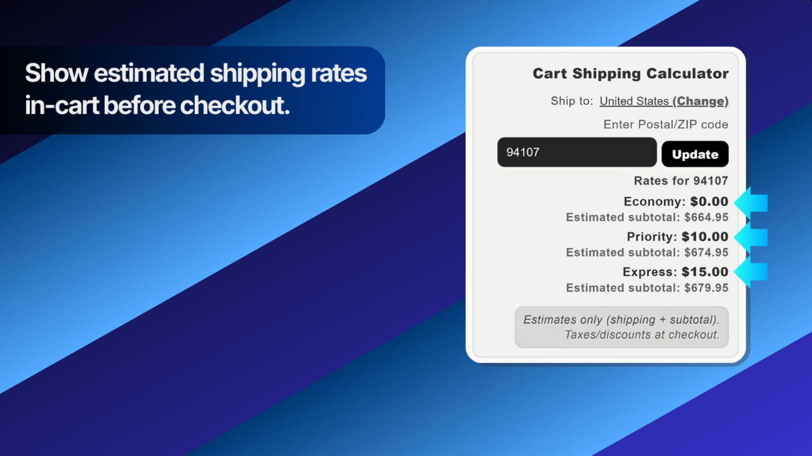 Cart Shipping Calculator showing estimated shipping rates in a Shopify cart