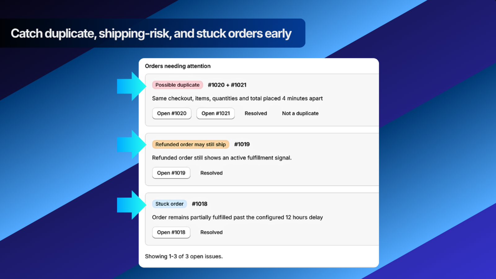 FP1 - Duplicate Order Check showing Shopify orders needing attention