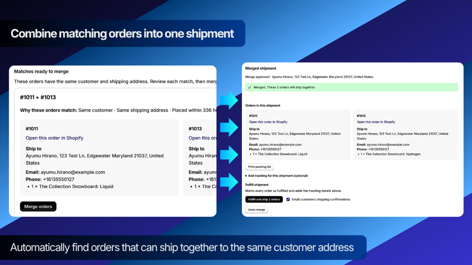 FP1 - Merge Orders showing two matching Shopify orders grouped into one shipment