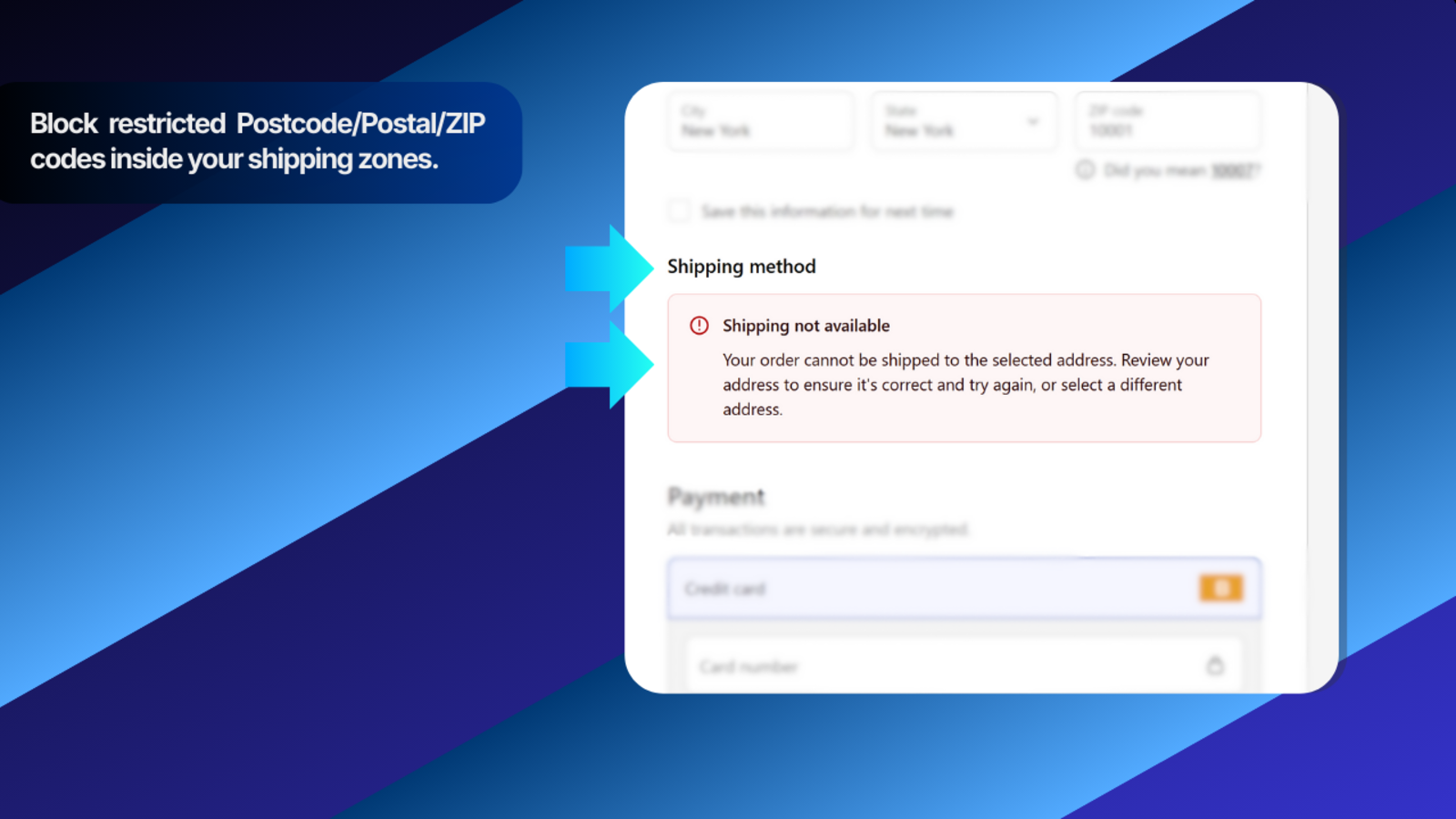 Postcode Shipping Guard showing postcode delivery restrictions at Shopify checkout
